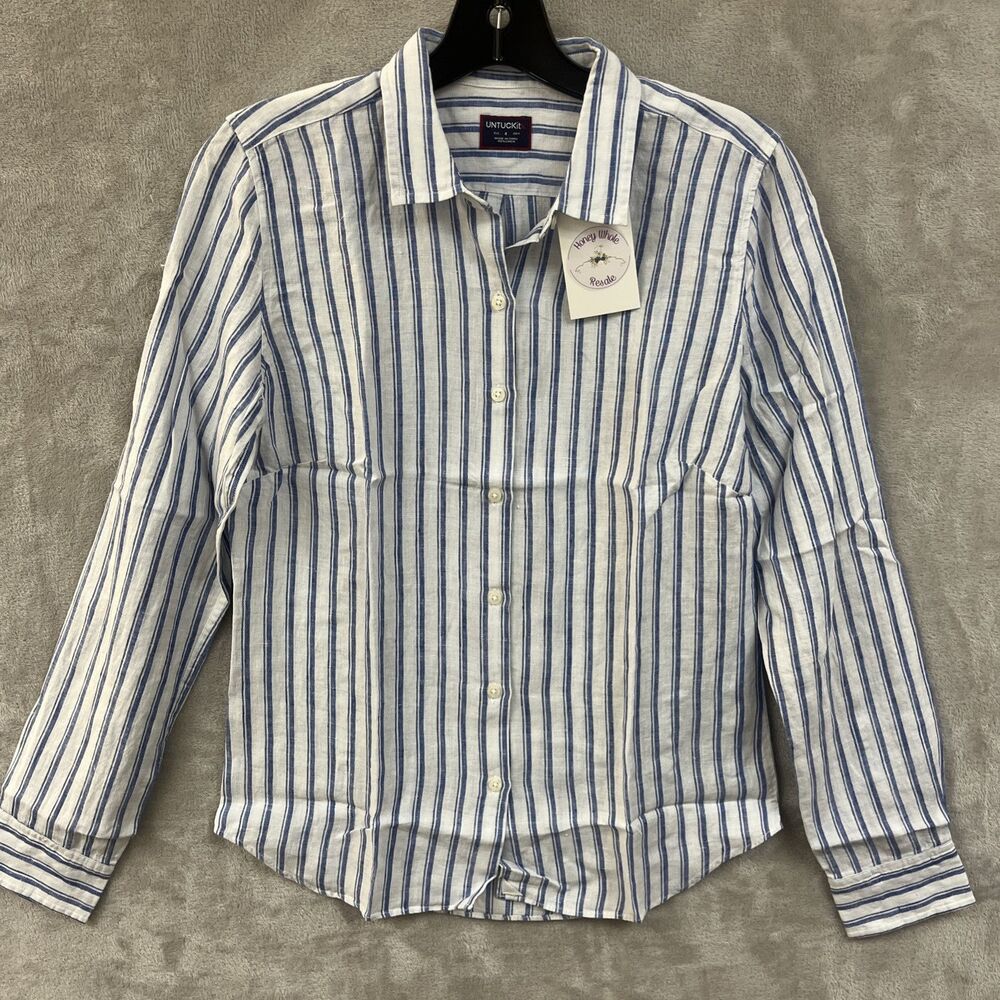 Untuckit Shirt Women’s 4 S 100% Linen White Blue‎ Button Up Vertical Stripe New